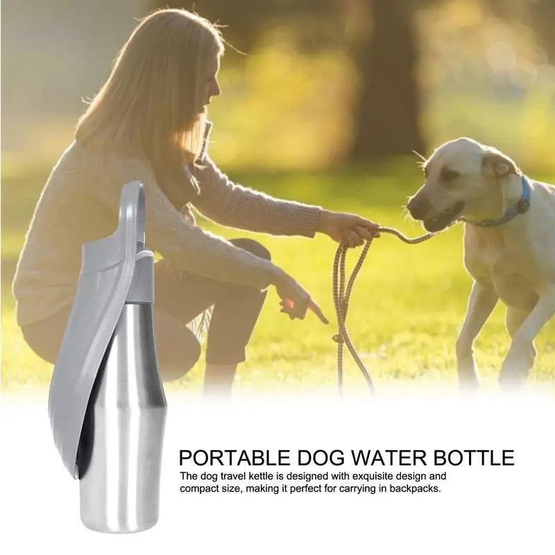 Bouteille d'eau pour chien 800 ml (27 oz) en acier inoxydable, distributeur d'eau de voyage, accessoires pour animaux de compagnie, gamelle d'eau 2 en 1 pour chien, idéale pour les voyages, les sorties et le camping.