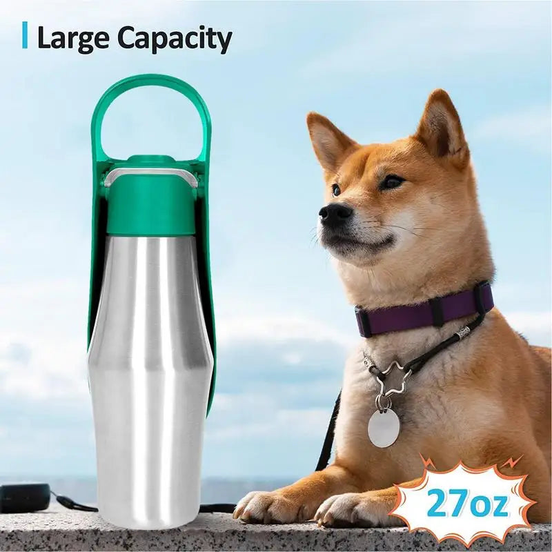 Bouteille d'eau pour chien 800 ml (27 oz) en acier inoxydable, distributeur d'eau de voyage, accessoires pour animaux de compagnie, gamelle d'eau 2 en 1 pour chien, idéale pour les voyages, les sorties et le camping.